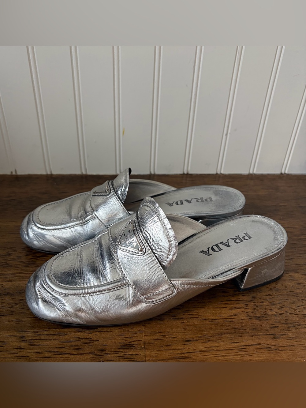 PRADA Silver Metallic Leather Mules Loafer Slides size 7 37.5 - Picture 2 of 12